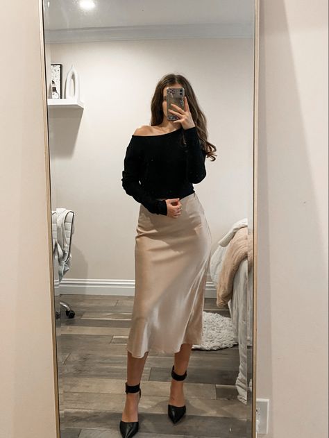 Skirt Satin Dress And Jumper Outfit, Gold Skirt Christmas Outfit, Champagne Maxi Skirt Outfit, Satin Lace Trim Skirt Outfit, Winter Work Party Outfit Classy, Mid Satin Skirt Outfit, Abercrombie Satin Skirt, Silk Midi Skirt Outfit Formal, Midi Skirt Party Outfit