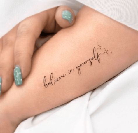 Tattoo Designs For Strong Women, Word Tattoo With Design, Delicate Tattoo Writing, Believe In Yourself Quotes Tattoos, Hand Quote Tattoos For Women, Tatoos Forearm Woman, I Believe Tattoo, Believe In Yourself Tattoo Ideas, Believe Tattoo Fonts