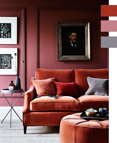 I am totally embracing this autumnal rust and pink colour palette from @coco.kelley #stunning #autumn #rust #pink #colourpalette #interiordesign #sofa #pinkwalls #ottoman #panelling #interiorstyling #london #seasonchange Terracotta Interior, Orange Couch, Interior Design Per La Casa, Modern Victorian, Pocket Door, Design Del Prodotto, Red Walls, Reading Nook, Room Colors