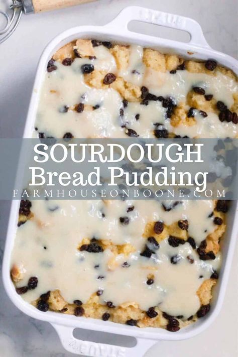 Rich and decadent sourdough bread pudding is the ultimate comforting dessert. A creamy custard spiced with cinnamon is poured over homemade sourdough brioche and topped with raisins before baking. Top with a sweet bread pudding sauce to serve. #farmhouseonboone #sourdoughbreadpudding Sweet Bread Pudding, Sourdough Bread Pudding, Pudding Sauce, Bread Pudding Sauce, Chocolate Chip Bread Pudding, Fruit Bread Recipes, Sourdough Brioche, Blueberry Bread Pudding, Best Bread Pudding Recipe