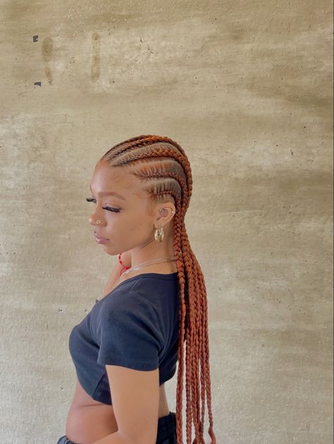 Thigh Length Feed In Braids, Ginger Feed In Braids Cornrows, Cornrow Hairstyles Color, 350 Stitch Braids, Ginger Stitch Braids Black Women, Honey Brown Cornrows Braids, Stitch Braids Red Hair, Honey Blonde Cornrows Braids Black Women, Ginger Cornrows Braids Black Women