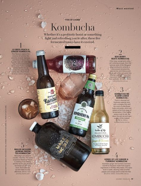 Gourmet Traveller - January 2019 - Kombucha Me Kombucha Flavors Recipes, Kombucha Flavors, Food Photography Composition, Loaded Fries, Spark Up, Food Drink Photography, Menstrual Cup, Coffee Poster, Healthy Foodie