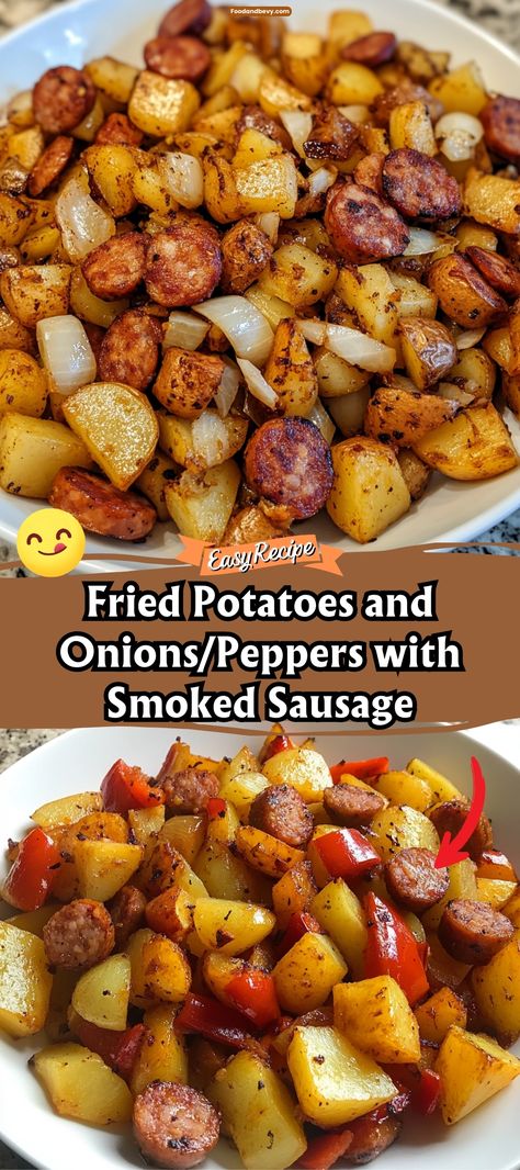 Fried Potatoes and Onions/Peppers with Smoked Sausage Sausage Potato And Peppers, Sausage Pepper Onion Potato Bake, Fried Potatoes And Onions And Peppers, Sausage Potatoes Peppers And Onions, Sausage Potato Onion Skillet, Sausage Egg And Potato Skillet, Fried Onion And Potatoes, Fried Potatoes And Smoked Sausage, Fried Potatoes And Sausage Skillet