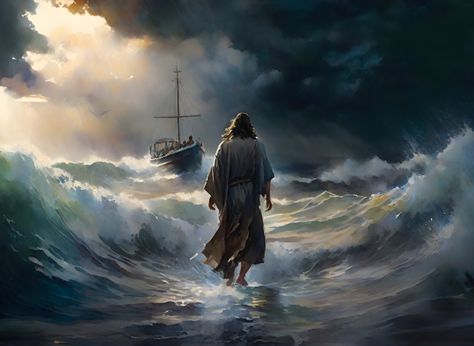 Featuring the miraculous biblical scene of "Jesus Walks on Water." This art piece beautifully captures the essence of divine power, faith, and the profound miracle of Jesus calming the stormy sea. The story of Jesus walking on water is a testament to His divine nature and the unwavering faith that His disciples placed in Him. This art print serves as a meaningful addition to your home decor or a thoughtful gift for those who draw inspiration from the remarkable acts of the Savior. -- Choose from New Testament Art, Jesus And Peter Walking On Water, Jesus Walking On Water Tattoo, Jesus Walking On Water Painting, Jesus Pictures Powerful, Walking On Water Art, Bible Story Art, Jesus Calming The Storm, Jesus And Disciples