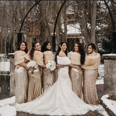 Bridesmaid With Fur Shawl, Champagne Bridesmaid Dresses With Fur Shawl, Gold Bridesmaid Dresses Christmas, Champagne Winter Bridesmaid Dresses, Bridesmaid Fur Shawl, Winter Wedding Party Colors, December Bridesmaid Dresses, Champagne Shawl, Winter Wedding Bridesmaid Dresses