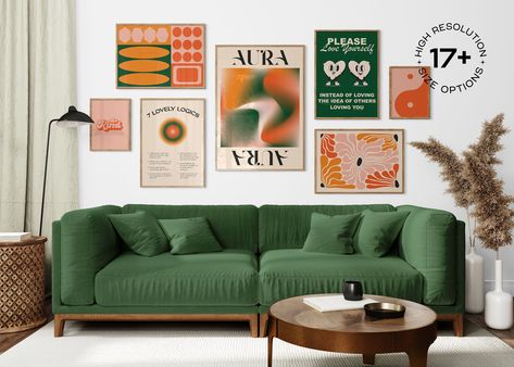 70s Wall Art, Gallery Aesthetic, Orange Rooms, Interior Design Gallery, Dorm Wall Art, Uni Room, Living Room Orange, Bedroom Orange, Pink Living Room