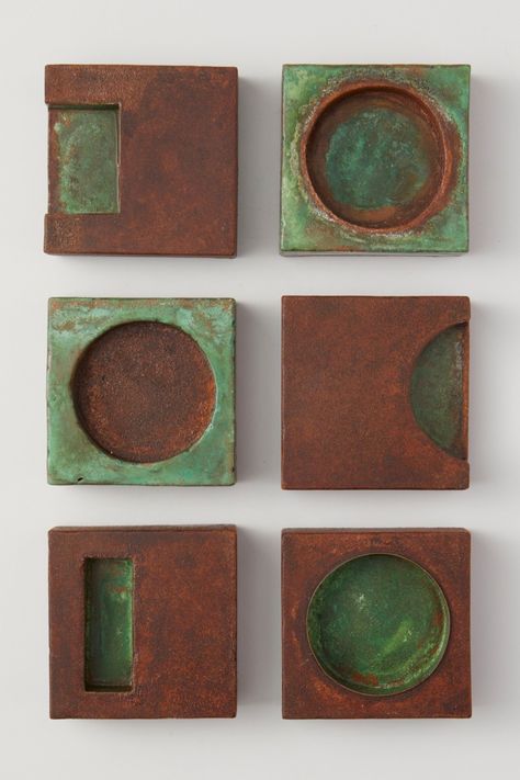 Bronze & Steel Wall Sculpture - Each piece in this artful wall sculpture set is a 4 x 4 square welded from sheet steel and sheet bronze, and designed to be able to be hung in any orientation. They are patinated, sealed, and have felt feet to keep them stable on the wall. All pieces in this series are numbered consecutively, noted with the signature. Tiles are ready to hang as shown or in any arrangement that best fits your space. <br><br>The Meditations Machinations Series is abo Small Art On Wall, Large Ceramic Wall Art, Ceramic Hanging Art, Ceramic Wall Art Ideas, Ceramic Wall Art Hanging, Tile Sculpture, Tile Art Wall, Ceramic Wall Art Sculpture, Bronze Decoration