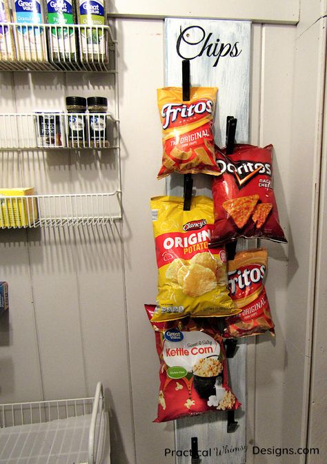 Diy Chip Rack, Pantry Chip Storage, Chip Organization Storage Ideas, Camper Food Storage Ideas, Crisps Storage Ideas, Chips Storage Ideas, Chip Storage Ideas Pantries, Diy Chip Bag Display Stand, Chip Organization Pantry