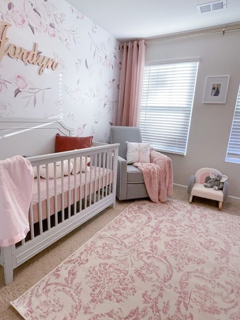 Soft rose petal, cream, and grey colors girl nursery. Grey And Mauve Nursery, Pink And Gray Nursery Ideas, Grey Crib Nursery Girl, Pink And Grey Nursery Baby Girl, Pink And Grey Curtains, Grey And Pink Nursery, Gray And Pink Nursery, Twin Nursery Room