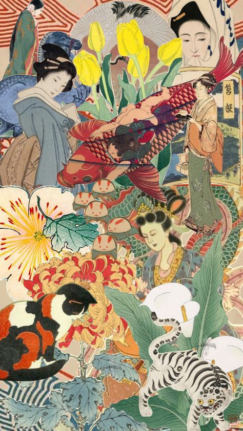 Japanese Mood Board Aesthetic, Chinese Collage Art, Japanese Moodboard Aesthetic, Japanese Mood Board, Flea Market Illustration, Asian Collage, Japan Collage, Japanese Collage, Brain Illusions