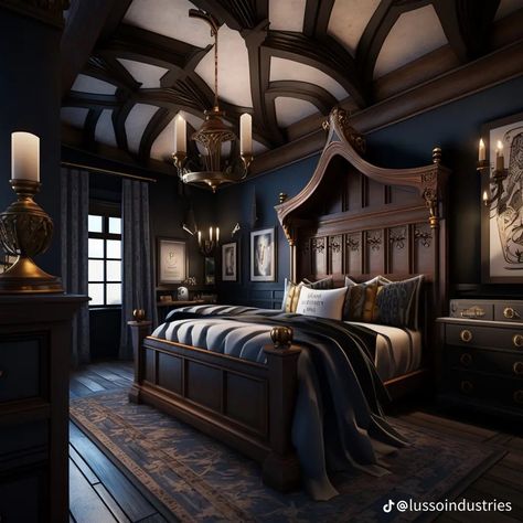 Old Money Bedroom Aesthetic Dark, Dark Academia Bed Room, Dark Academia Bedframe, Potter Manor Bedroom, Old Money Bedroom Dark, Rhys Townhouse, Dark Fancy Bedroom, Dark Academia Mansion Interior, Dark Academia Bloxburg Bedroom