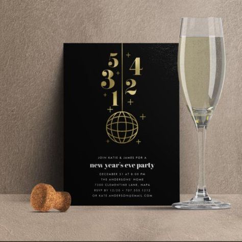 Countdown | New Years Eve Party Invitation #newyear'seveparty #newyearsevepartyinvitations #countdown #blackandgold #cool #modern #midcenturymodern #retro #ball #zgroupon Nye Wedding Invitations, Retro Ball, Diy Cork Board, New Years Eve Invitations, New Years Countdown, Nye Wedding, Happy Holiday Cards, Happy New Year Cards, Brunch Invitations