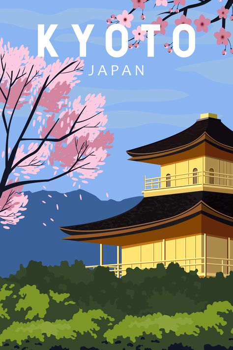 Retro art poster of Kyoto, Japan showcasing its timeless beauty and cultural heritage. Kyoto Poster, Kyoto Japan Travel, Minimal Travel, Japan Home, Kyoto Travel, Travel Vintage, Japanese Wall, Retro Travel Poster, Tin Art