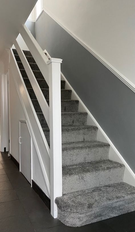 Stairs Hallway, Stair Walls, Grey Hallway, White Stairs, Small House Elevation, Small House Elevation Design, White Carpet, Grey Carpet, House Elevation