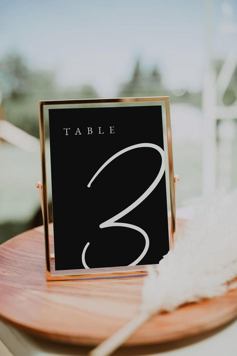 Black Gold And White Wedding Decorations, Minimalist Table Numbers Wedding, Minimalist Table Decor, Black Table Numbers, Wedding Decor Black, Black Wedding Table, Numbers Template, Black And White Wedding Theme, Minimalist Table