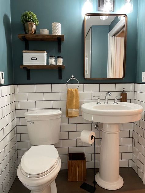 Half White Tiled Bathroom Walls, White Subway Tile Powder Room, Subway Tile Half Bathroom, Subway Tile Small Bathroom Ideas, Half Bathroom Ideas With Tile Wall, White Subway Tile Bathroom Half Wall, Subway Tiles Small Bathroom, White Tile Half Wall Bathroom, Small Bathroom Half Wall Tile