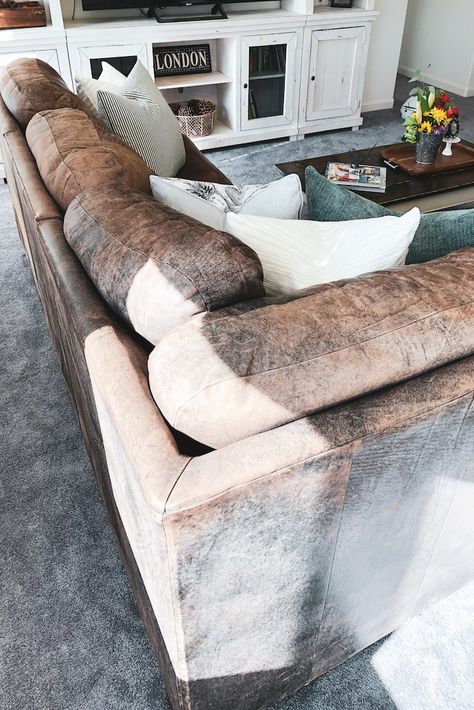 Coastal Leather Couch, Rustic Couches Living Room, Comfy Leather Couch, Leather Sofa Farmhouse, Distressed Leather Couch, Kid Friendly Couch, Rustic Leather Sofa, Leather Sectional Living Room, Soft Leather Sofa