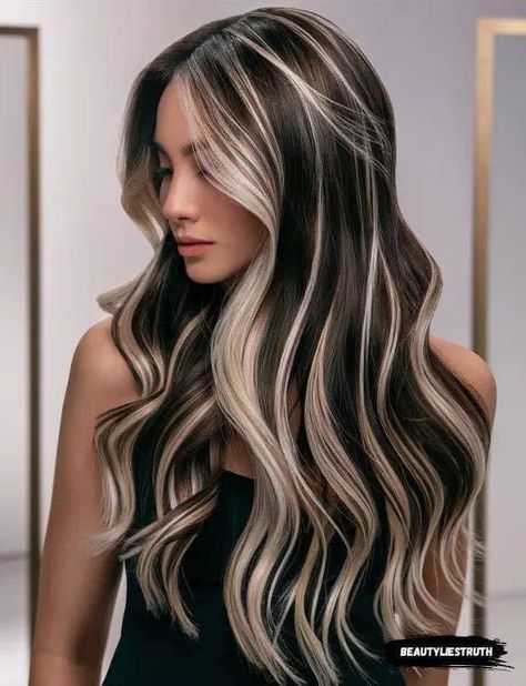 Gothic Balayage Hair, Long Haircut Color Ideas, Brown And Platinum Hair Highlights, Brunette With Blonde Halo, Hairstyles For Highlighted Hair, Platinum Highlights Brown Hair, Dark Brown With Blonde Highlights Short, Champagne Blonde Highlights On Dark Hair, Balayage Hair Blonde Platinum