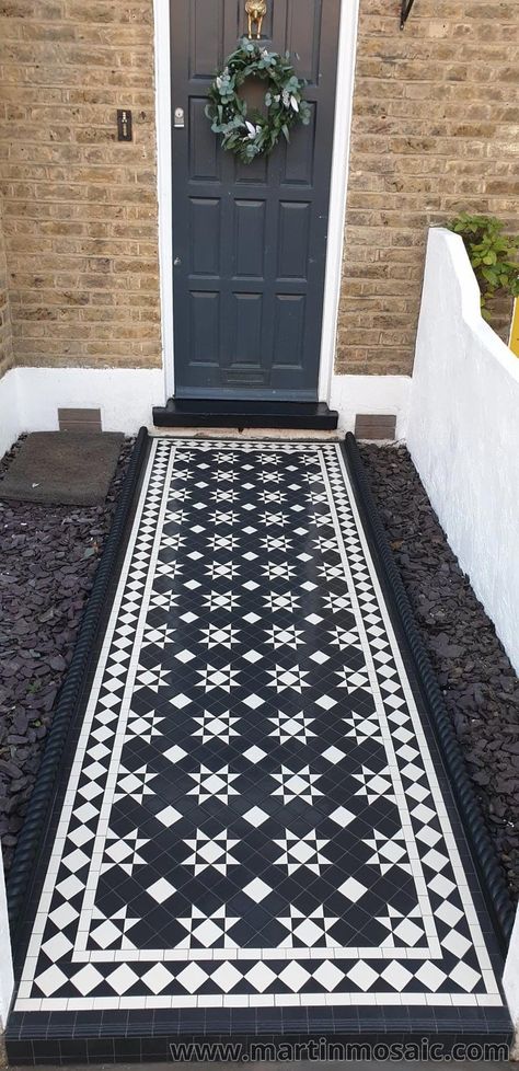 Black & White Victorian floor tiles 9mm thickness | Mosaic Floor Tiles | Martin Mosaic Ltd London — Martin Mosaic Victorian Tiles London Front Pathway, Path Tiles, Hallway Tiles Floor, Mosaic Floor Tiles, Victorian Floor Tiles, Hall Ideas, Step Treads, Victorian Floor, Tiled Hallway