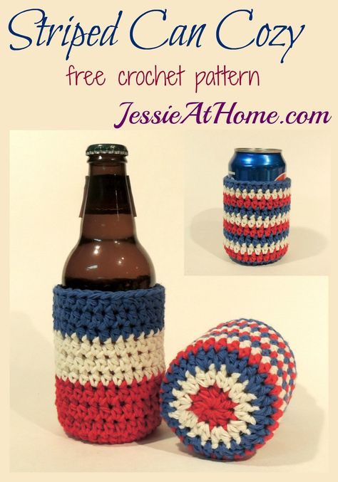 Patriotic Crochet, Bottle Cozy, Can Cozy, Crocheted Stuff, Crochet Holiday, Crochet Cup Cozy, Knitting Diy, Bottle Cozies, Crocheting Projects