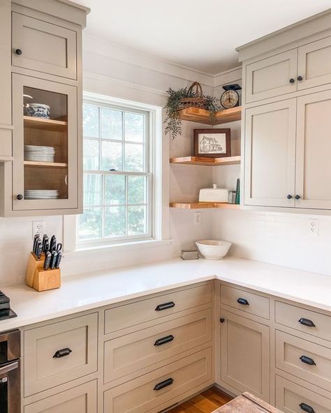 Cabinet Joint on Instagram: "Peaceful. Clean. Renewed. ✨ This custom cabinetry was painted by the customer using ‘Woodland Sage’ by Behr and finished with a white quartz countertop. This kitchen has inspired us, and we hope it sparks some inspiration in you as well! Bravo to our #cabinetjointkotw by @oldsycamorefamilyfarm 👏 #peacefulhome #farmhousedecor #DIYhome #DIYkitchen #customcabinets #farmhouserenovation #insetcabinets" Schuler Cabinets, Neutral Kitchen Cabinets, Kraftmaid Kitchens, Woodland Sage, White Kitchen Countertops, Beige Cabinets, Kitchen Redesign, Kitchen Board, Quartz Countertop