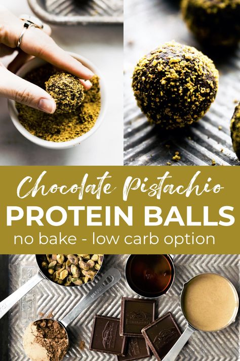 This protein ball recipe makes paleo and vegan friendly dark chocolate energy bites with pistachios. They're a crunchy, lightly sweet, delicious NO BAKE snack! These little chocolate balls are naturally sweetened and full of healthy fats. With a low carb and keto option, so that everyone can enjoy these tasty treats! #nobake #chocolate #keto #snack Chocolate Energy Bites, Chocolate Protein Balls, Protein Balls Healthy, Protein Balls Recipes, Chocolate Pistachio, Protein Bars Homemade, Chocolate Balls, Protein Cake, Healthy Eating Breakfast