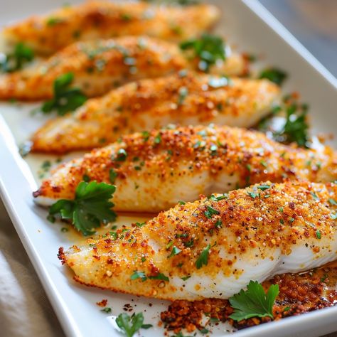 Parmesan Crusted Tilapia, Crusted Tilapia, Gourmet Food Plating, Seafood Entrees, Fish Recipes Healthy, Tasty Recipes Videos, Easy Seafood Recipes, Parmesan Crusted, Food Carving