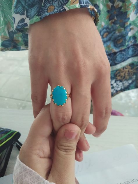 an Irani Feroza stone in a gold ring. Feroza Ring, Feroza Stone, Turquoise Jewelry Rings, Blue Topaz Ring Sterling Silver, Delicate Silver Rings, Turkish Rings, Woman In Gold, Art Jewelry Design, Gold Ring Designs