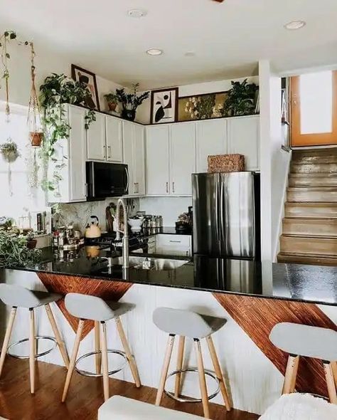 Above Kitchen Cabinet Decor Ideas Plants, Kitchen Cabinets With Space Above, Plant Above Kitchen Cabinets, Above Cabinet Plant Decor, Kitchen Cabinet Above Decor, Small Open Concept Apartment Decor, Above Cabinet Plants, Kitchen Top Cabinets Decor Ideas, Kitchen Cabinet Plants Above