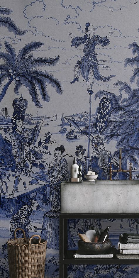 Oriental blue Chinoiserie wallpaper featuring detailed blue and white illustrations of traditional Asian landscapes and scenes, perfect for adding elegance and sophistication to any room. Asian Style Wallpaper, Gold Chinoiserie Wallpaper, Blue Vintage Wallpaper, Blue Chinoiserie Wallpaper, Mural Landscape, Asian Wallpaper, Asian Landscape, Blue Chinoiserie, Chinoiserie Wall