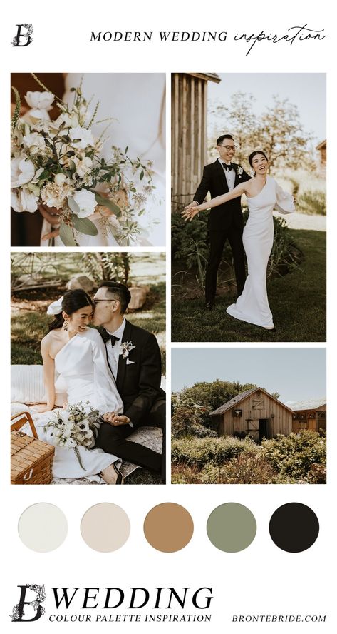 Modern Wedding Pallet, Summer Modern Wedding, Modern Elegant Wedding Color Palettes, Modern Wedding Colour Palette, Classic Summer Wedding Colors, Black Ivory And Sage Wedding, Winter Wedding Palate, Black And Gold Summer Wedding, Wedding Themes Neutral