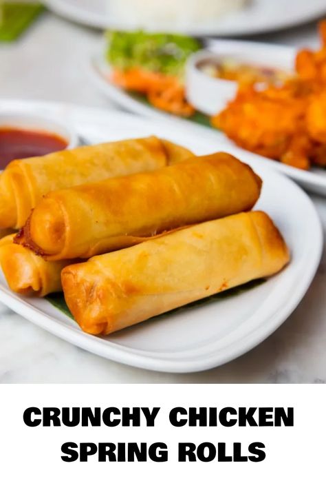 Crunchy chicken spring rolls on a white plate with dipping sauce. Spring Rolls Skin Recipes, Spring Roll Filling Ideas, Chicken Spring Roll Recipe, Chicken Spring Roll, Spring Roll Filling, Spring Roll Pastry, Minced Chicken Recipes, Crunchy Chicken, Chicken Spring Rolls