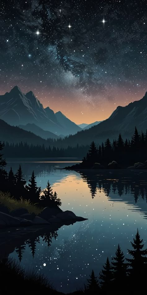 Starry Night Mountains, Night Sky Mountains Painting, Sky Full Of Stars Painting, Mountain Painting Night, Mountains At Night Painting, Starry Background Aesthetic, Night Sky Wall Painting, Heaven Aesthetic Wallpaper, Night Lake Aesthetic