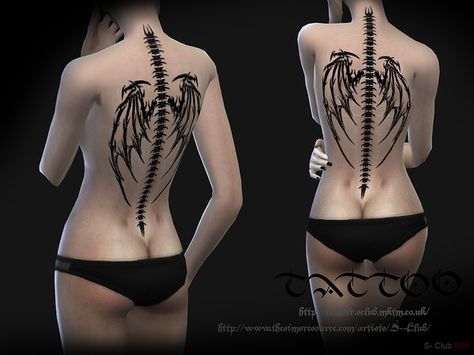 S-Club ts4 WM Tattoo back 01 Matching Goth Tattoos, Sims 4 Dragon, Sims 4 Vampire, Sims 4 Cc Goth, Sims 4 Tattoos, Tattoo Back, Sims 4 Anime, Alt Clothes, 4 Tattoo