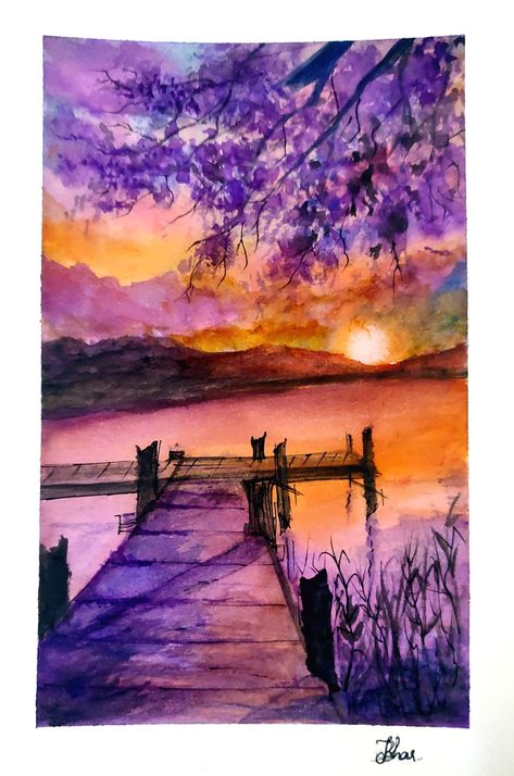 Sunset watercolour painting Water Colour Sunset Painting, Sunset Bridge Painting, Watercolour Scenery Painting, Watercolour Scenery, Watercolour Sunset, Watercolor Scenery Painting, Angel Sketch, Watercolor Scenery, Bridge Painting