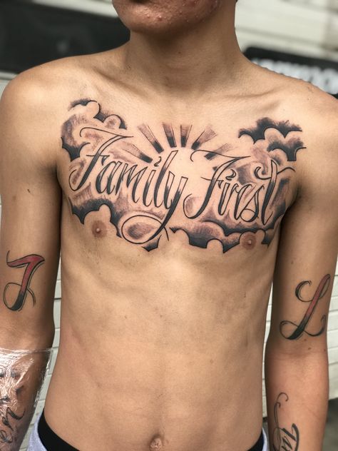 Chest piece by rokmatic_ink Chest Tattoo Men Ideas, Tattoo Men Ideas, Chest Tattoo Drawings, Family First Tattoo, Family Tattoos For Men, Dark Lettering, Earthy Tattoos, Stomach Tattoos Women, Names Tattoos For Men