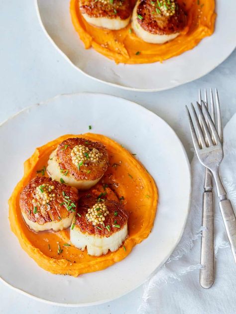 Scallop Dinner Recipes, Scallops Dinner, Pickled Mustard Seeds, Easy Scallop Recipes, Sweet Potato Puree, How To Cook Scallops, Spoon Fork Bacon, Butternut Squash Puree, Squash Puree