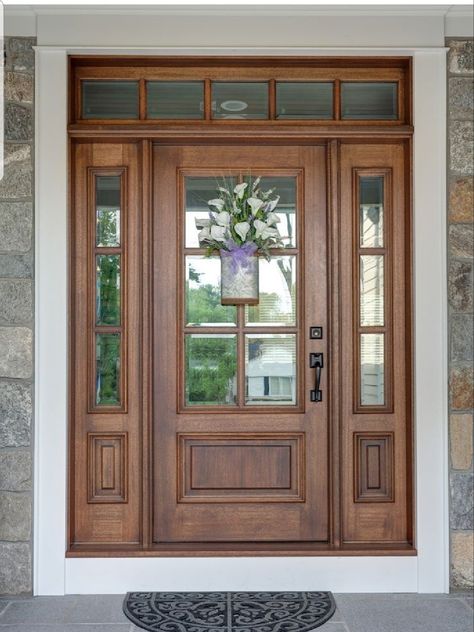 Stained Front Door With Transom, Wood Front Door With Transom, Front Doors With Glass Panels Entrance, Exterior Doors Ideas, Doors With Glass Design, Door With Window Design, Double Front Doors With Glass Panels, Door With Glass Design, Front Doors With Side Lights