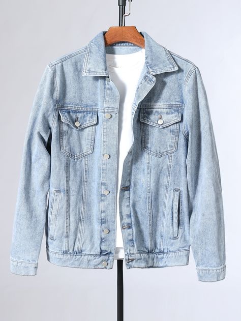 Light Wash Casual  Long Sleeve Denim Plain Other Embellished Non-Stretch  Men Denim Light Wash Denim Jacket, Denim Jacket Men, Washed Denim, Denim Jackets, Light Wash Denim, Upcycle Clothes, Denim Wash, Flap Pocket, Mens Jackets