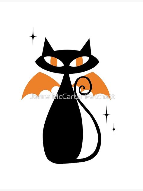 Mid Century Tattoo Ideas, Halloween Cat Pictures, Mid Century Modern Tattoo, Halloween Cats Art, Halloween Cat Drawing, Mcm Halloween, Mid Century Modern Illustration, Mid Century Modern Halloween, Atomic Kitty