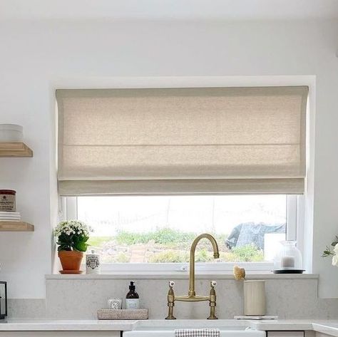 Curtain Sheers, Sheer Roman Blinds, Kitchen Blind, Roman Blinds Kitchen, White Faux Wood Blinds, House Moodboard, Beautiful Blinds, Kitchen Colour, Room Hanging Lights