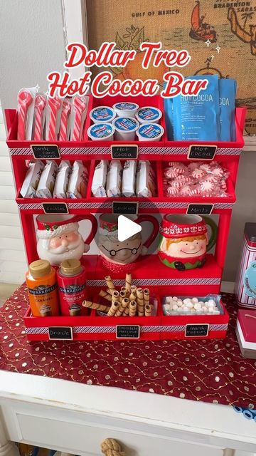 Laura Jeanne on Instagram: "Thank you @bargainbethany for this awesome hot cocoa bar idea!!! I enjoyed making this for my kids and it is a wonderful addition to our holiday decor ���🎅🏻 🤶🏻 🎄 
#dollartree #christmas #diy #christmasdecor #hotcocoabar #hotchocolate #christmastime" How To Build A Hot Cocoa Stand, Diy Hot Cocoa Stand, Diy Hot Cocoa Bar Christmas, Coco Bar Ideas, Hot Cocoa Bar For Kids, Diy Snack Bar, Christmas Cocoa Bar, Christmas Hot Chocolate Station, Christmas Sweet Table