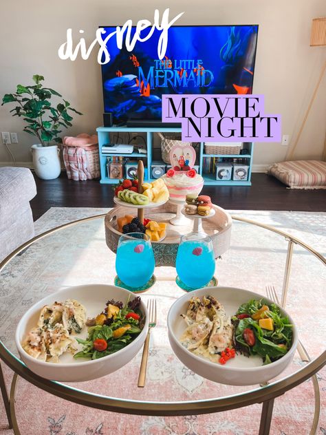 Disney Movie Inspired Meals, Little Mermaid Dinner And A Movie, Aladdin Movie Night, Little Mermaid Movie Night, Microwave Cake Mix, Mermaid Movie Night, Moana Movie Night, Mermaid Recipes, Movie Night Disney