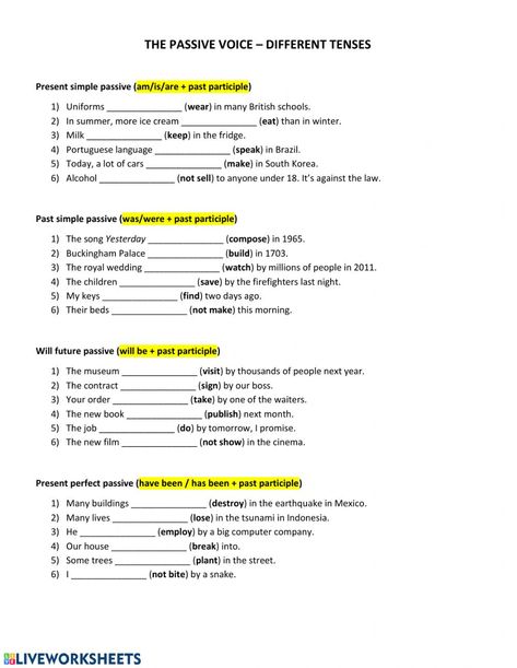 Tenses Worksheet, Past Tense Worksheet, Tenses Exercises, Active And Passive Voice, English Grammar Exercises, Passive Voice, Simple Present Tense, Simple Past Tense, English Teaching Materials