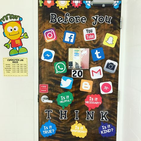 Technology Door Decorations, Technology Classroom Door Ideas, Computer Lab Door Ideas, Tech Classroom Decor, Computer Lab Door Decorations, Computer Lab Door, Computer Lab Decoration Ideas, School Computer Lab Decor, Ict Display