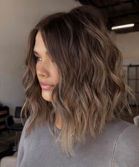 Cool Ashy Brown Lob Brown Lob Hair, Dip Dye Hair Brown, Brown Balayage Bob, Light Brown Hair Dye, Brown Lob, Ashy Brown, Light Brown Balayage, Ashy Hair, Brown Hair Inspiration