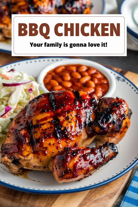 BBQ chicken with a side of beans and coleslaw on a plate. Text reads: "BBQ Chicken, Your family is gonna love it!" Bbq Chicken Stovetop, Bbq Chicken Dinner Ideas, Grilled Bbq Chicken Recipes, Grilled Bbq Chicken Breast, Bbq Grilled Chicken Recipes, Coke Chicken, Bbq Chicken Recipe, Stove Top Chicken, Barbecue Chicken Recipe