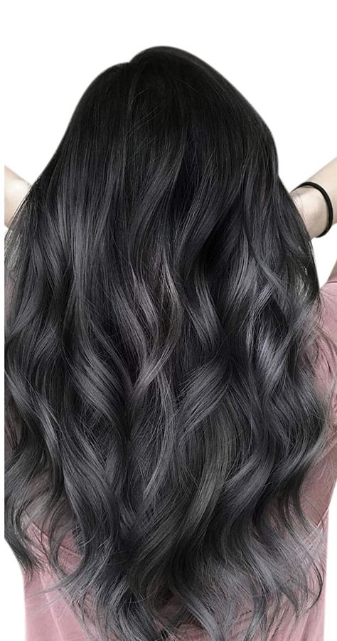 Caramel Black Balayage, Dark Balayage Black Ash, Dark Hair Silver Balayage, Black Hair With Dark Grey Balayage, Dark Grey Black Hair, Silver Dark Hair, Ashy Grey Balayage On Black Hair, Dusty Black Hair, Black And Dark Grey Hair