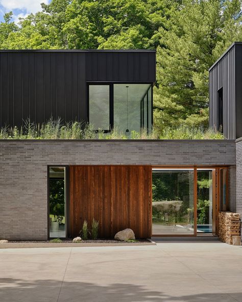 Brick Wood House Exterior, Metal Sided House, Modern Wood Siding, Wood And Brick House Exterior, Black And Wood House Exterior, Brick And Wood Exterior, Modern Addition To Old House, Timber Home Exterior, Wooden Cladding Exterior