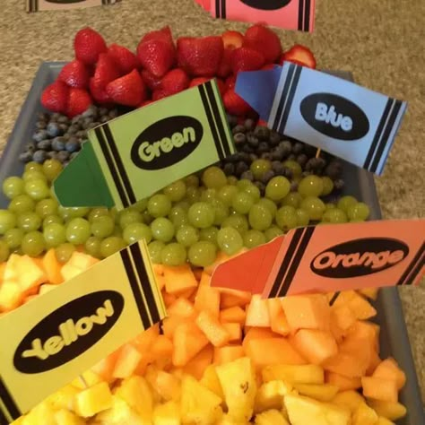 Crayon Party Ideas - HubPages Teacher Graduation Party, Crayola Birthday Party, Fruit Tray Ideas, Crayon Birthday Parties, Preschool Graduation Party, Kids Art Party, Art Themed Party, Kindergarten Graduation Party, Kindergarten Party